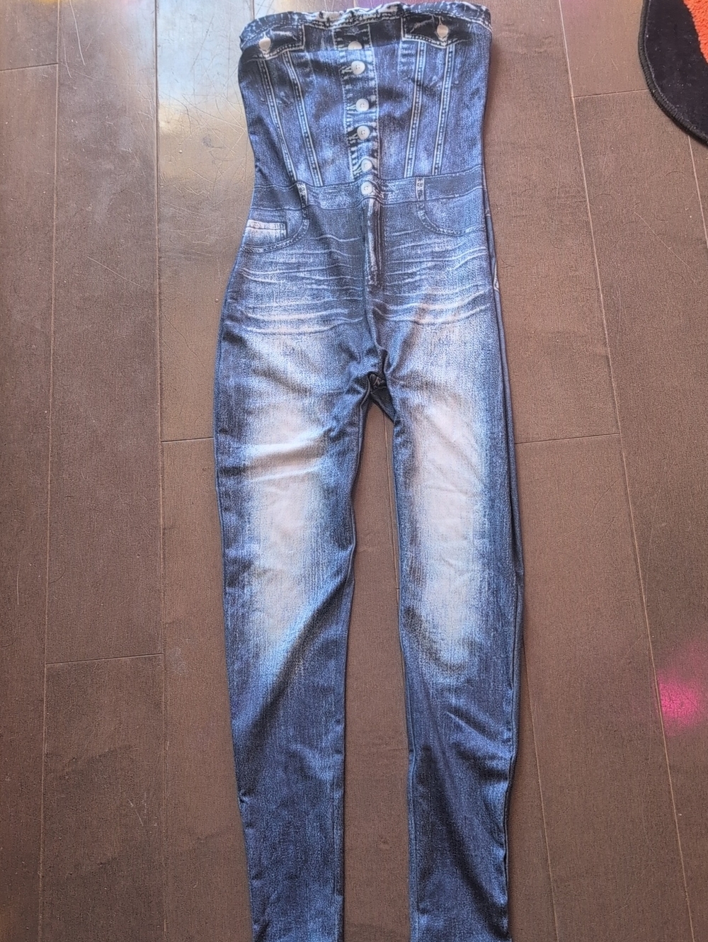 Guess by Marciano Strapless Stretchy Blue Washed Denim Jumpsuit